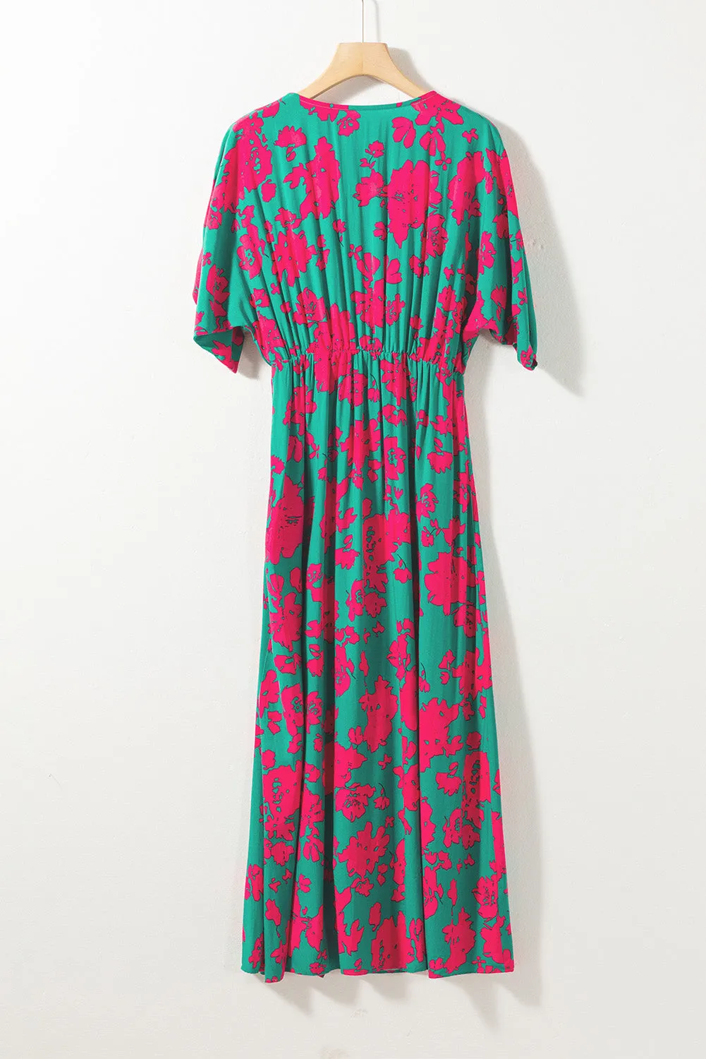 Sea Green Floral Printe Half Sleeve Split Flared Maxi Dress