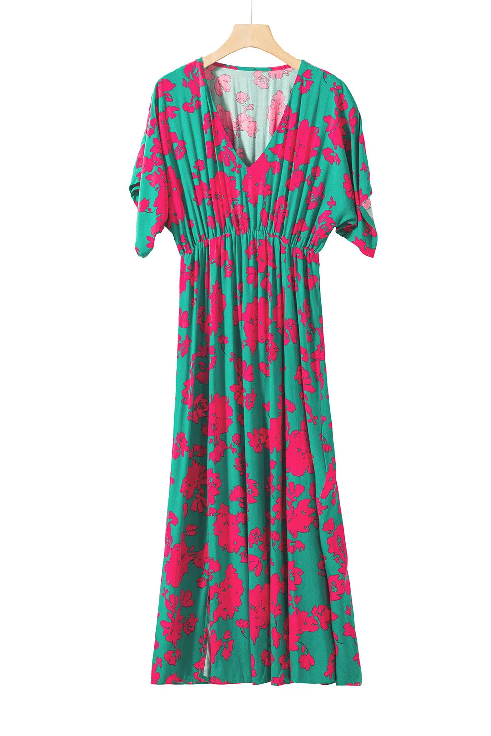 Sea Green Floral Printe Half Sleeve Split Flared Maxi Dress