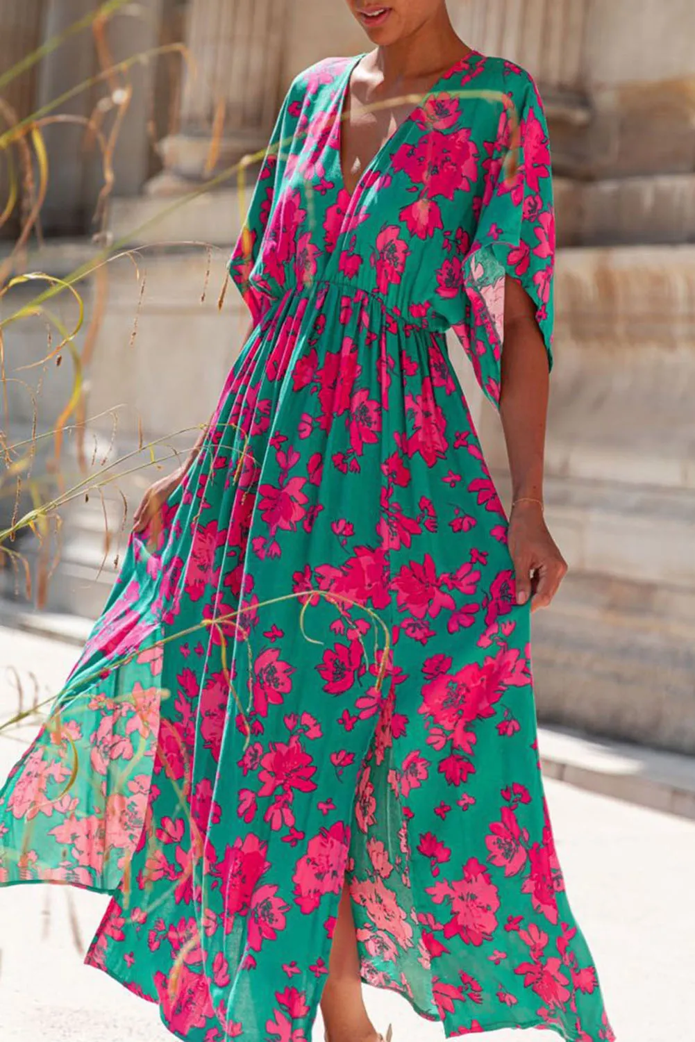 Sea Green Floral Printe Half Sleeve Split Flared Maxi Dress