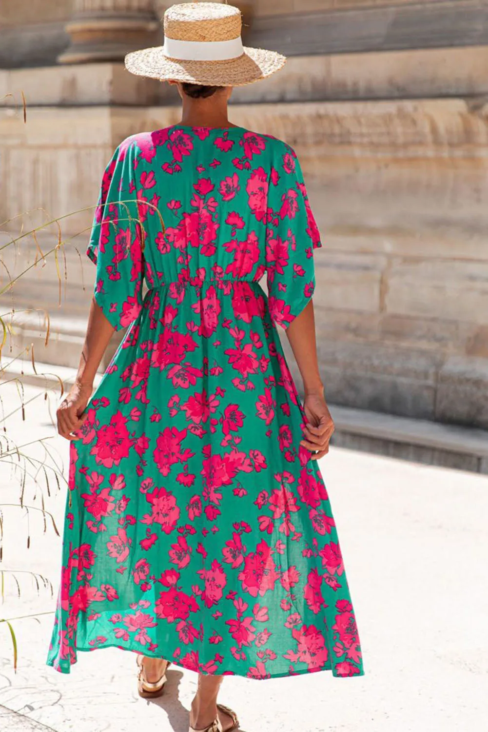 Sea Green Floral Printe Half Sleeve Split Flared Maxi Dress