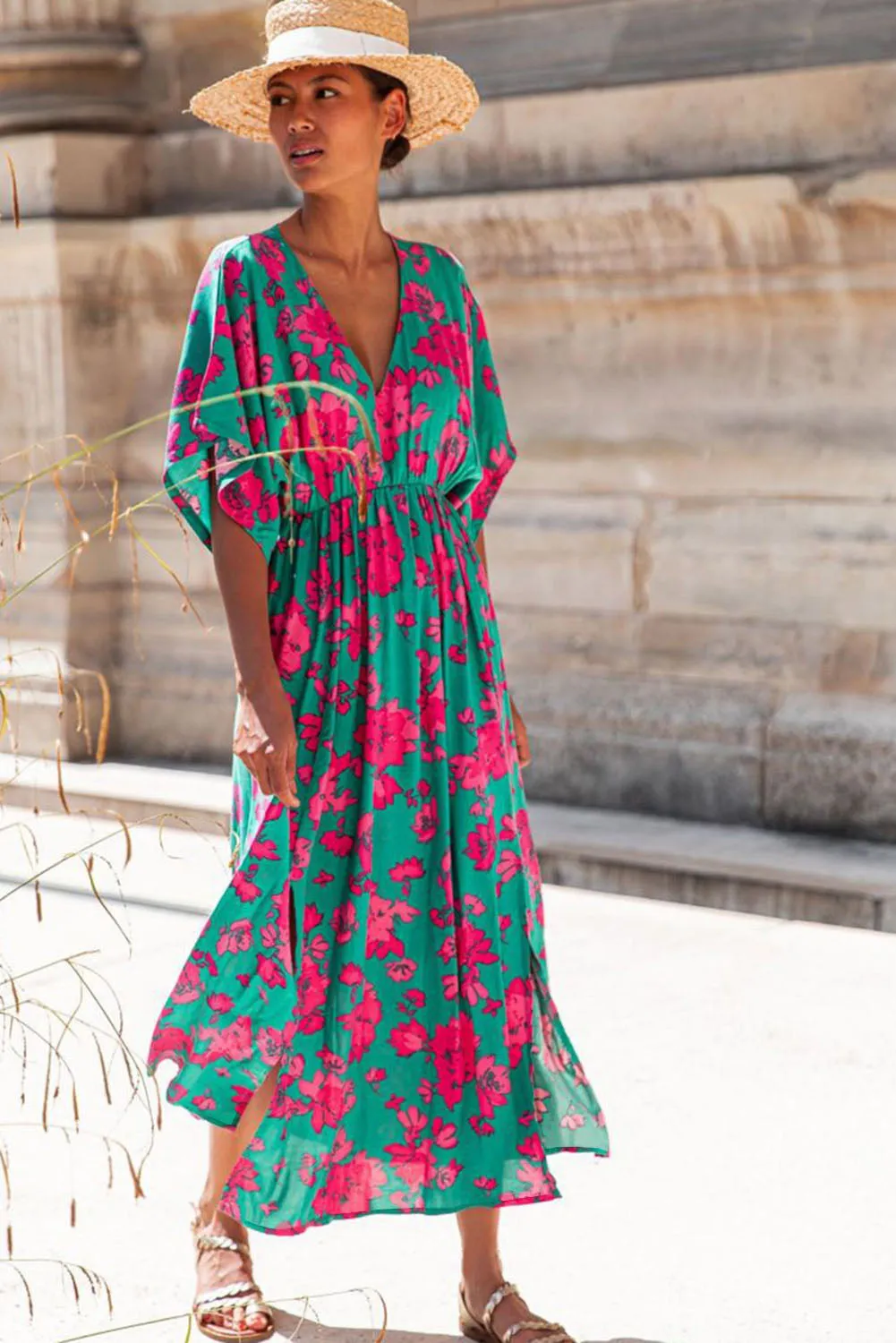 Sea Green Floral Printe Half Sleeve Split Flared Maxi Dress