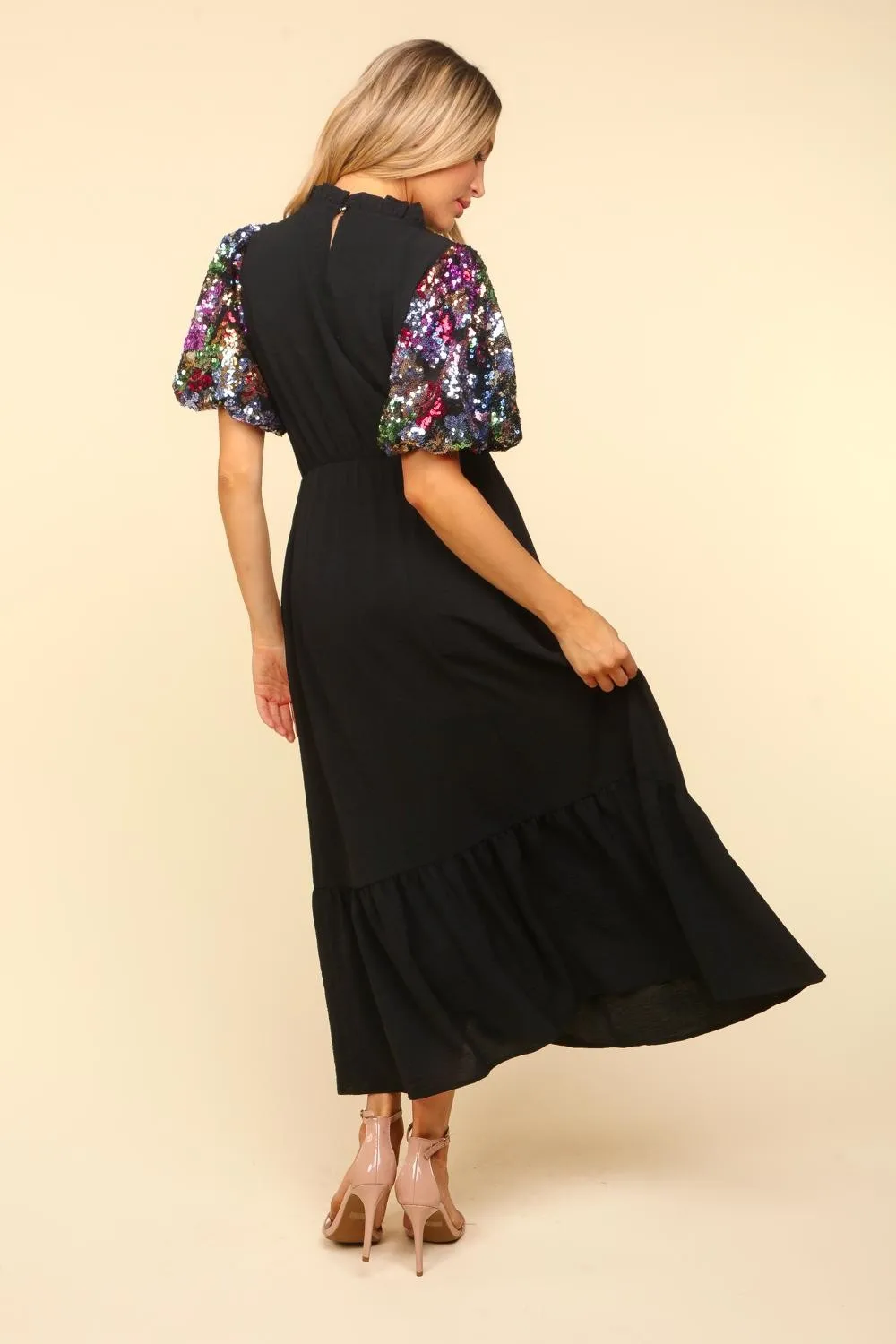 Sequin Puff Sleeve Maxi Dress - Black