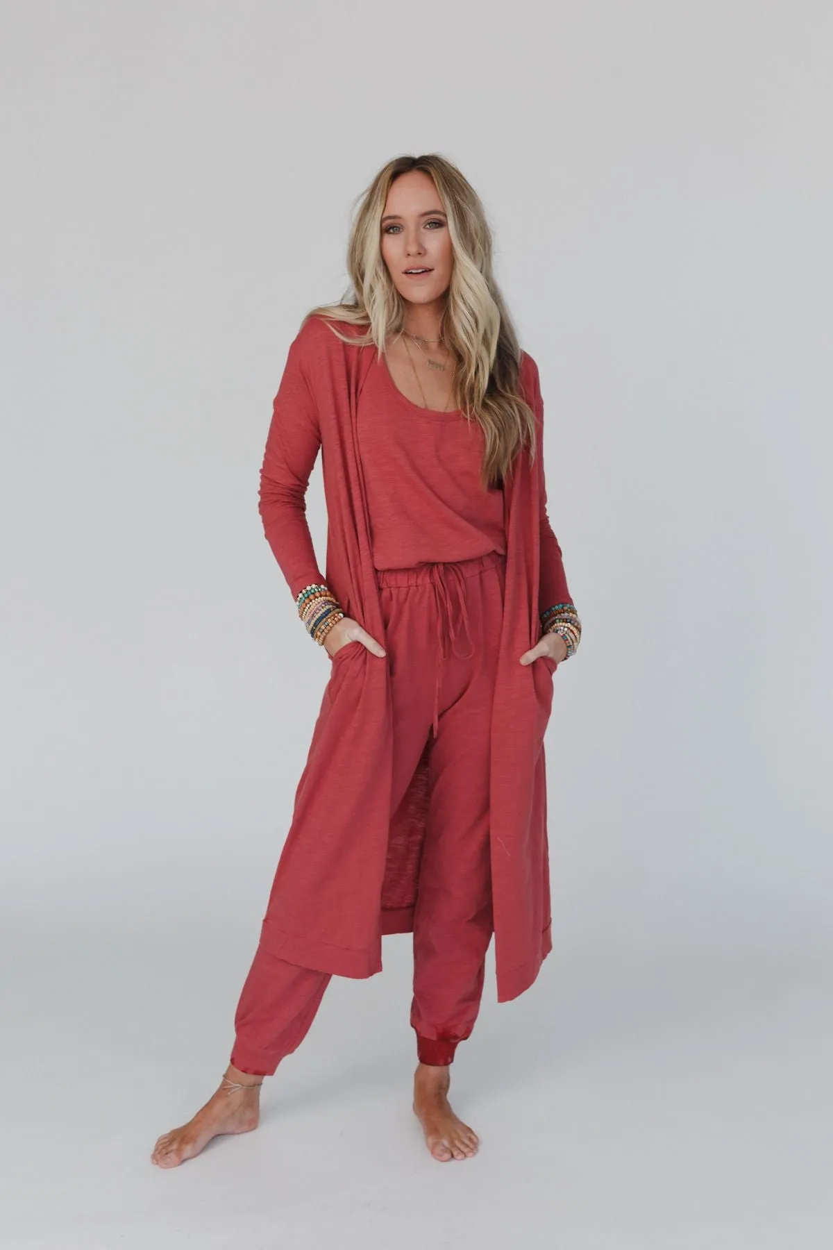 Set to Go Textured Jumpsuit And Cardigan Set - Deep Rust