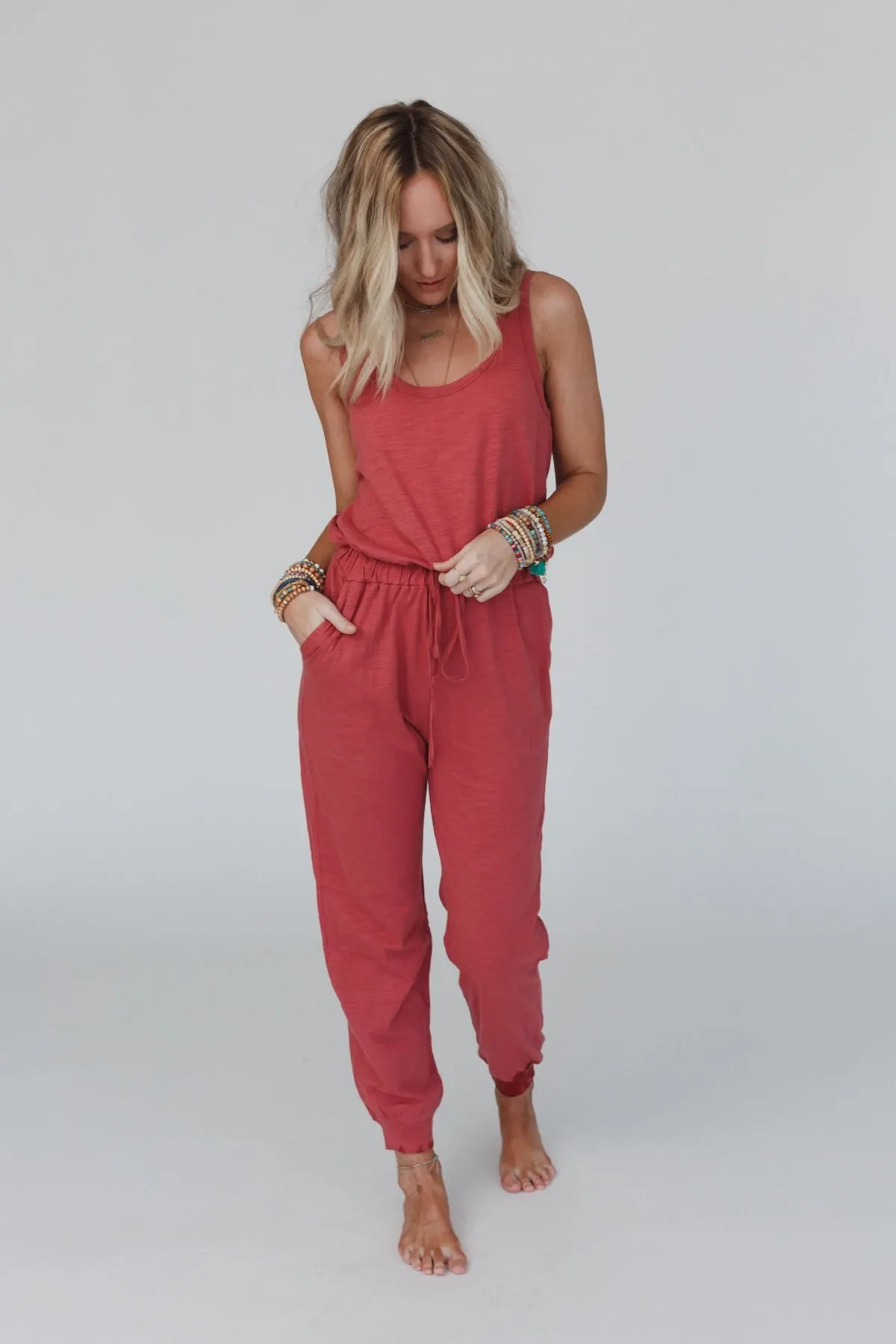 Set to Go Textured Jumpsuit And Cardigan Set - Deep Rust