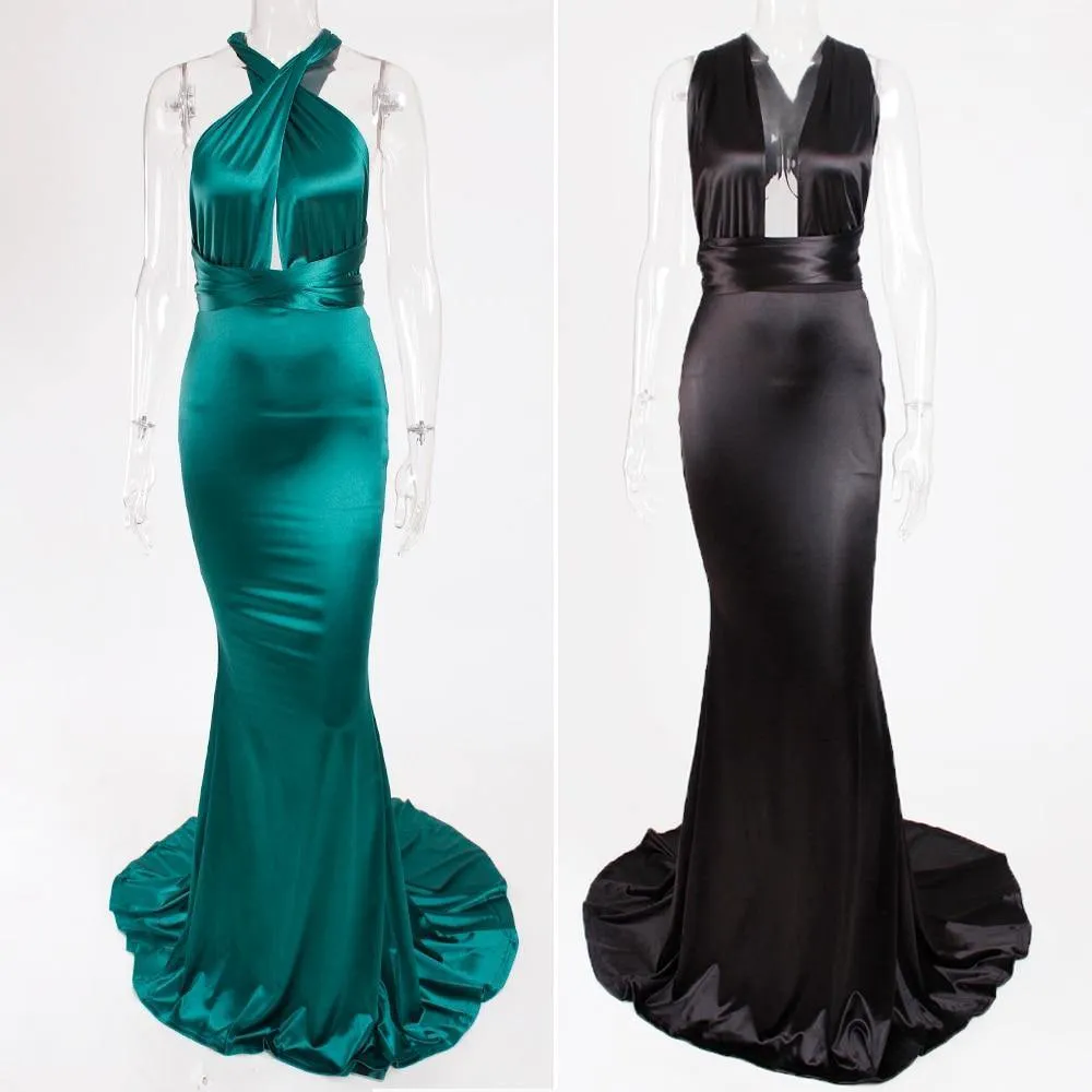 Sexy Backless Satin Bodycon Party Dress Halter Floor Length Maxi Dress Sleeveless V Neck Long Dress Stretch Satin Mermaid Dress