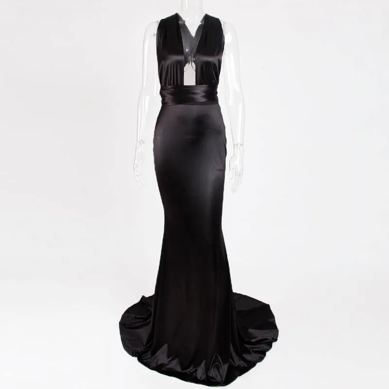 Sexy Backless Satin Bodycon Party Dress Halter Floor Length Maxi Dress Sleeveless V Neck Long Dress Stretch Satin Mermaid Dress