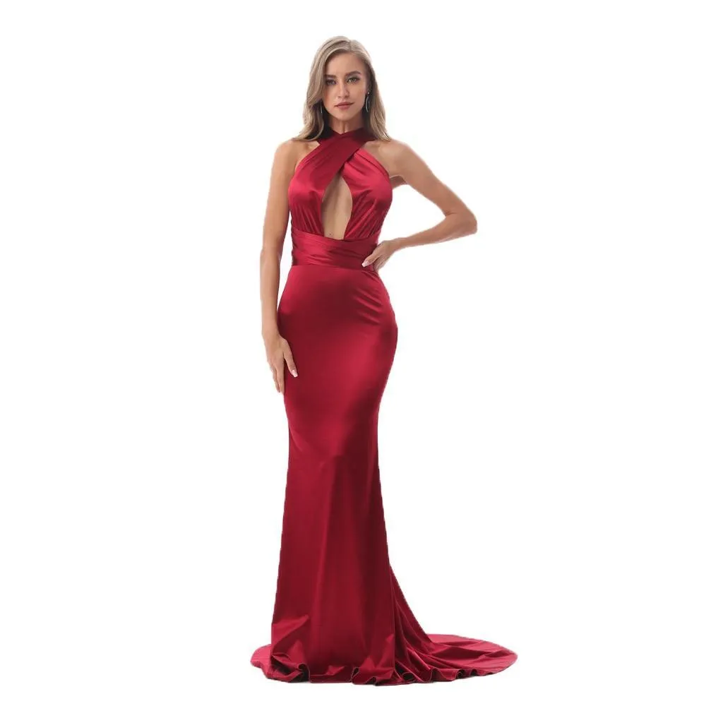 Sexy Backless Satin Bodycon Party Dress Halter Floor Length Maxi Dress Sleeveless V Neck Long Dress Stretch Satin Mermaid Dress