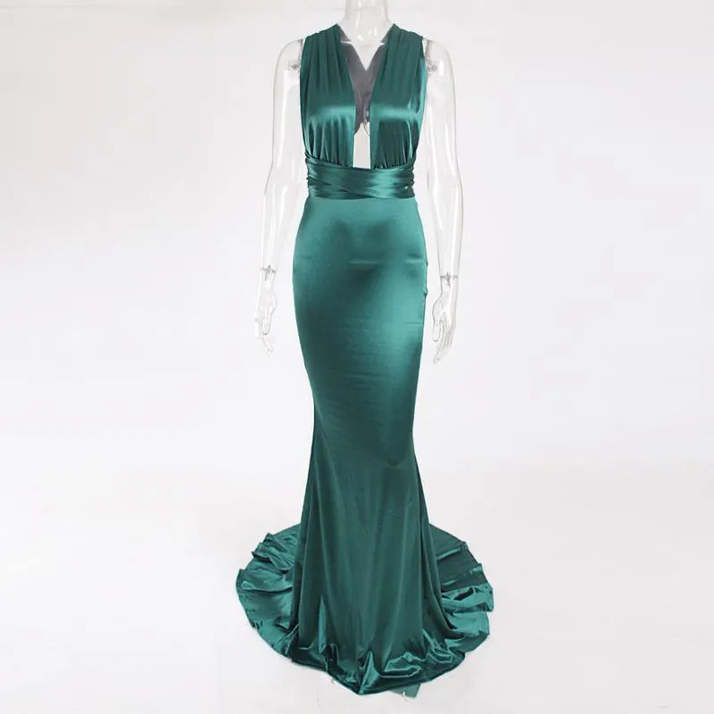 Sexy Backless Satin Bodycon Party Dress Halter Floor Length Maxi Dress Sleeveless V Neck Long Dress Stretch Satin Mermaid Dress