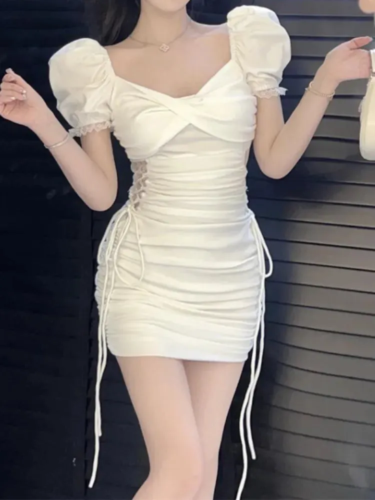 Sexy Bandage Lace Bodycon Dress Whtie Puff Sleeve Wrap Short Dresses Summer Sundress Korean Fashion Kpop