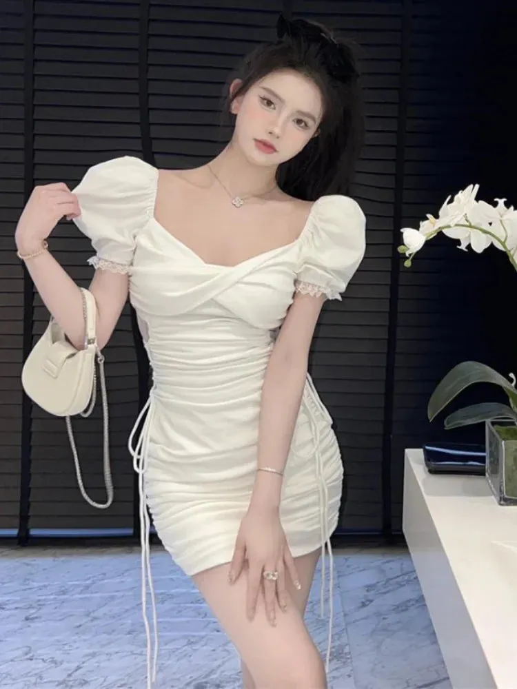 Sexy Bandage Lace Bodycon Dress Whtie Puff Sleeve Wrap Short Dresses Summer Sundress Korean Fashion Kpop