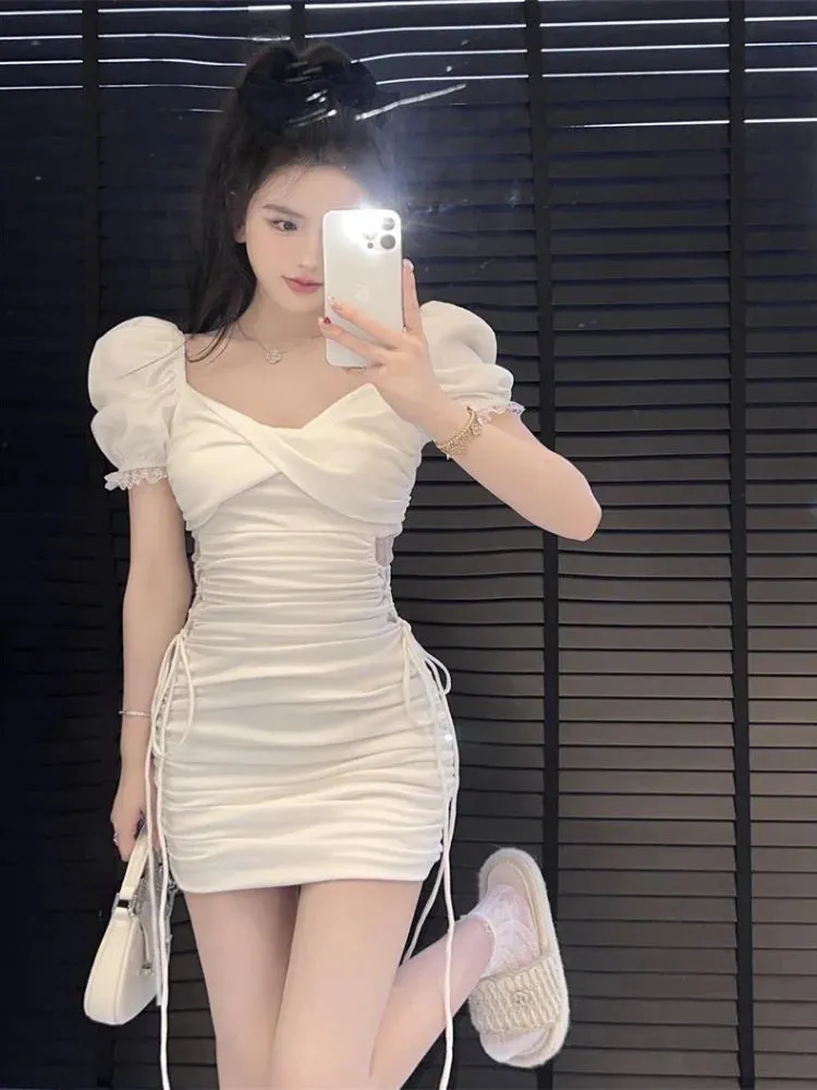 Sexy Bandage Lace Bodycon Dress Whtie Puff Sleeve Wrap Short Dresses Summer Sundress Korean Fashion Kpop