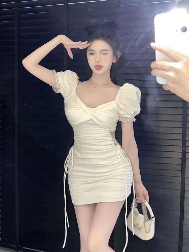 Sexy Bandage Lace Bodycon Dress Whtie Puff Sleeve Wrap Short Dresses Summer Sundress Korean Fashion Kpop