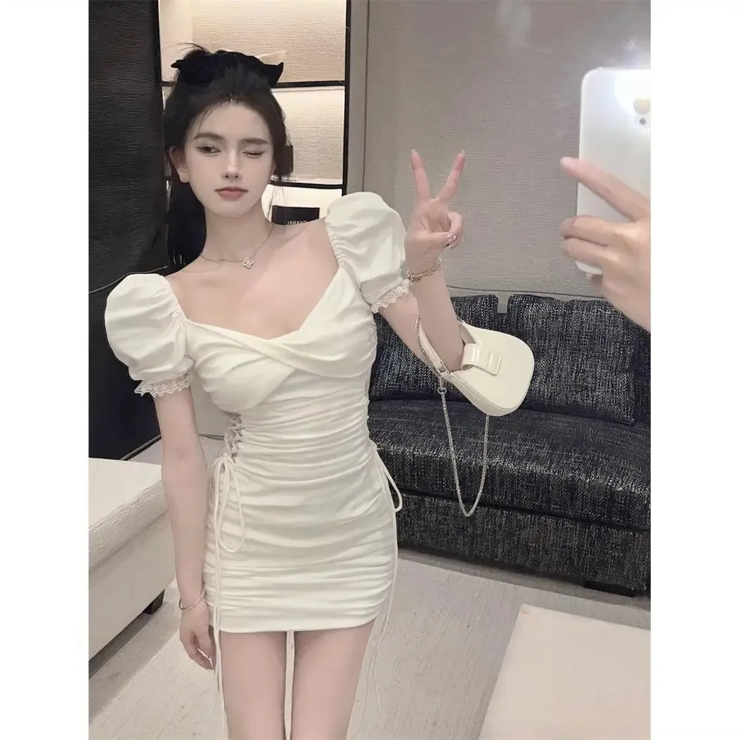 Sexy Bandage Lace Bodycon Dress Whtie Puff Sleeve Wrap Short Dresses Summer Sundress Korean Fashion Kpop