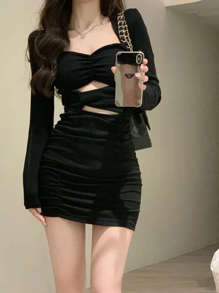 Sexy Black Bodycon Dress Office Ladies Wrap Slim Party Short Dresses Fashion Eleganr Vintage Y2k Outfits