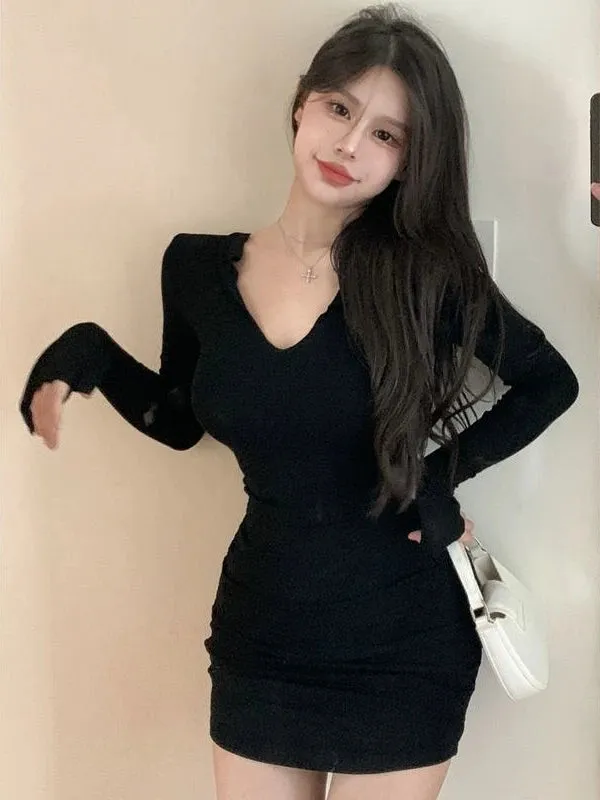 Sexy Black Bodycon Mini Dress Women Party Short Dresses Slim Wrap Long Sleeve Sex Outfits Fashion Evening