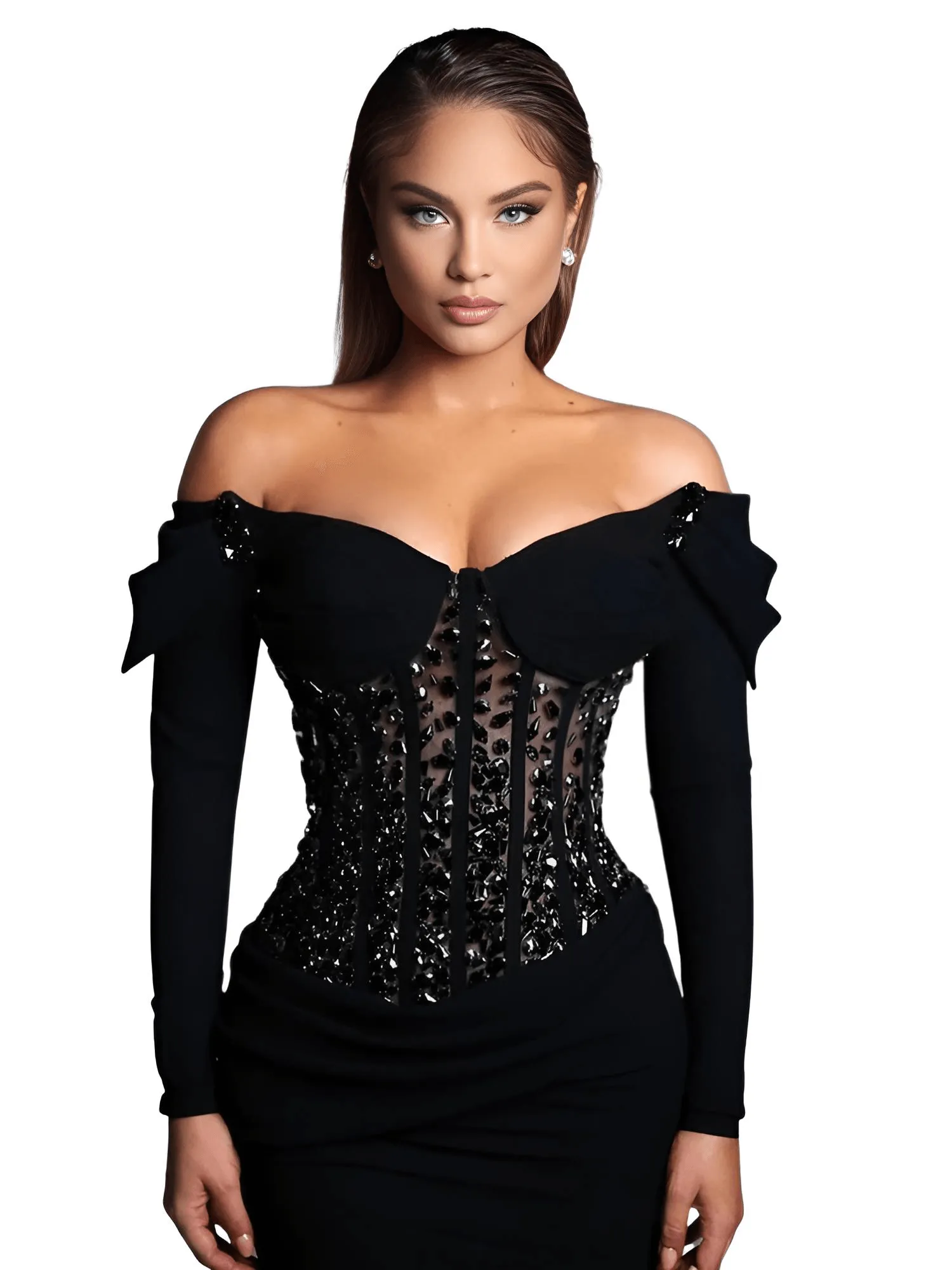 Sexy Black Crystal Gown Black Long Sleeve Evening Dresses Black Prom Gown Corset Off The Shoulder Satin Surface Shining Sequins Dress