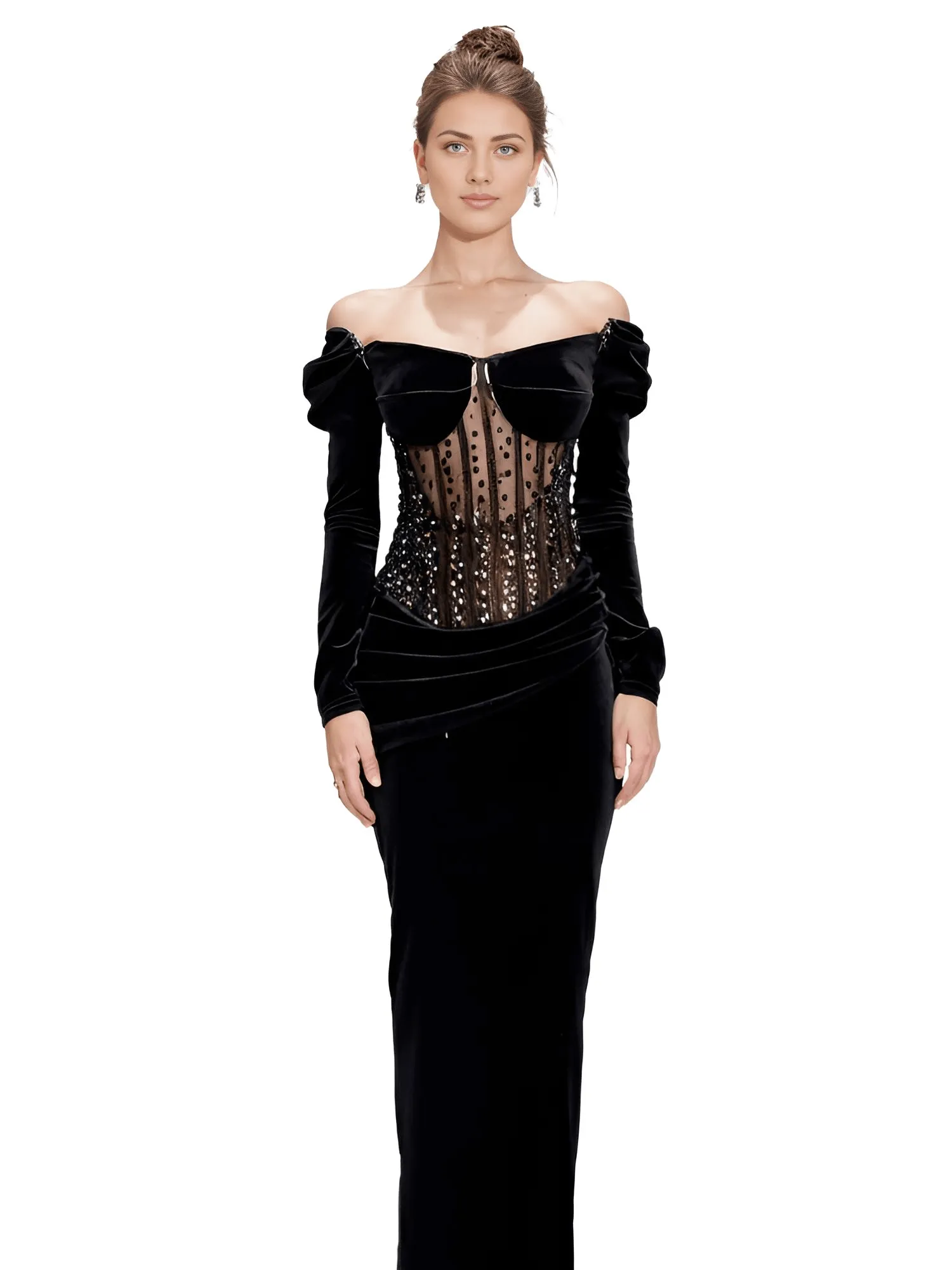 Sexy Black Crystal Gown Black Long Sleeve Evening Dresses Black Prom Gown Corset Off The Shoulder Satin Surface Shining Sequins Dress