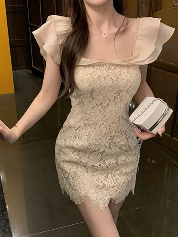 Sexy Lace Mini Dress Summer Bodycon Elegant Wrap Slim  Short Evening Party Dresses Women New In Outfit