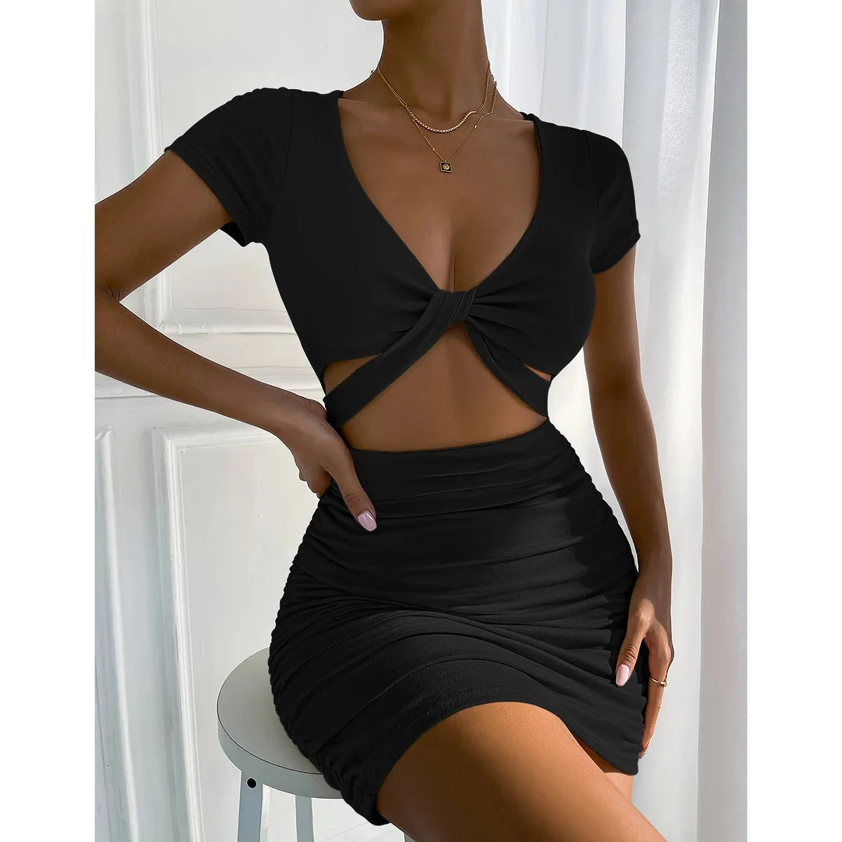 Sexy V Neck Hollow out Bodycon Mini Dress Women's Short Sleeve Pleated Slim Fit Wrap Hip Dress Party Nightclub Dress