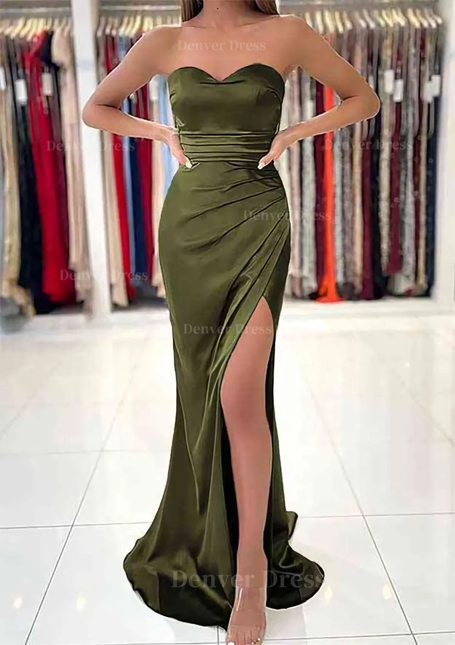 Sheath/Column Sweetheart Sleeveless Charmeuse Long/Floor-Length Prom Dress With Pleated Split