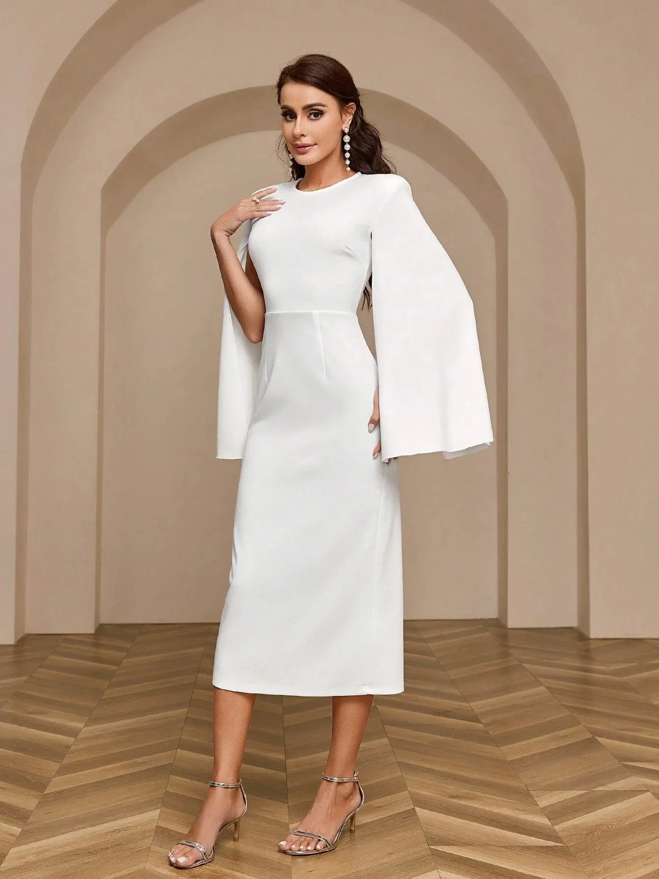 SHEIN Belle Solid Color Cape Sleeve Long Dress With Round Neckline