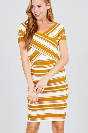 Short Sleeve V-neck W/cross Wrap Multi Stripe Sweater Dress