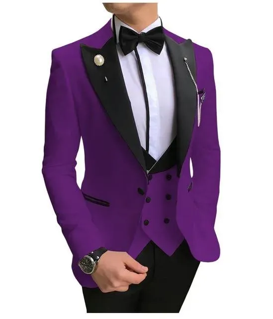 Slim Fit Purple Groom Tuxedos Black Peak Lapel Groomsmen Mens Wedding Dress Style Man Jacket Blazer 3 Piece Suit(Jacket Pants Vest Tie) 855