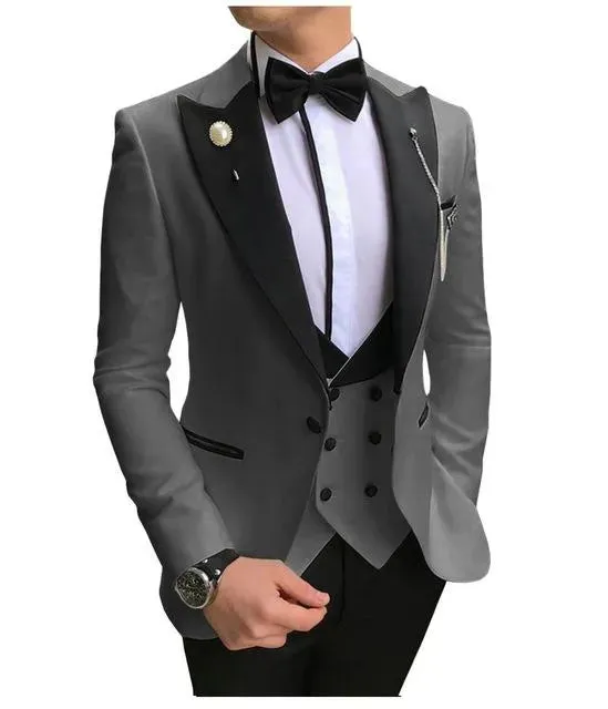 Slim Fit Purple Groom Tuxedos Black Peak Lapel Groomsmen Mens Wedding Dress Style Man Jacket Blazer 3 Piece Suit(Jacket Pants Vest Tie) 855