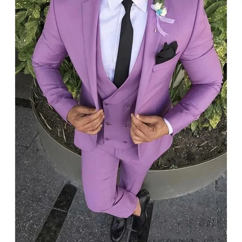 Slim Fit Purple Groom Tuxedos Black Peak Lapel Groomsmen Mens Wedding Dress Style Man Jacket Blazer 3 Piece Suit(Jacket Pants Vest Tie) 855