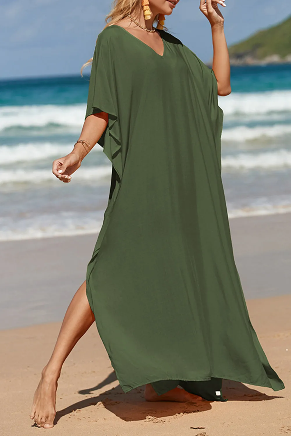 Slit V-Neck Half Sleeve Cover-Up Beach Maxi Dress