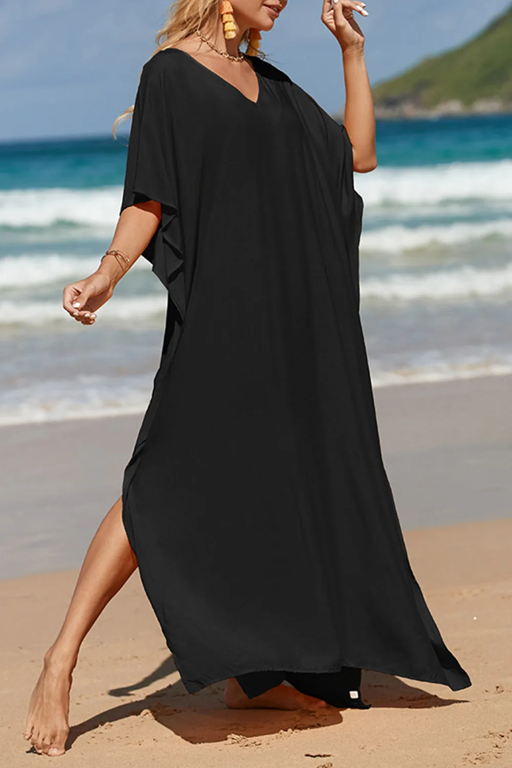 Slit V-Neck Half Sleeve Cover-Up Beach Maxi Dress