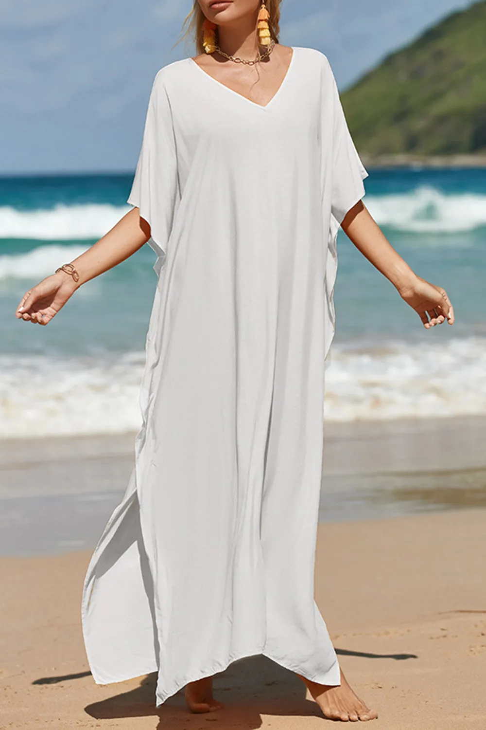 Slit V-Neck Half Sleeve Cover-Up Beach Maxi Dress