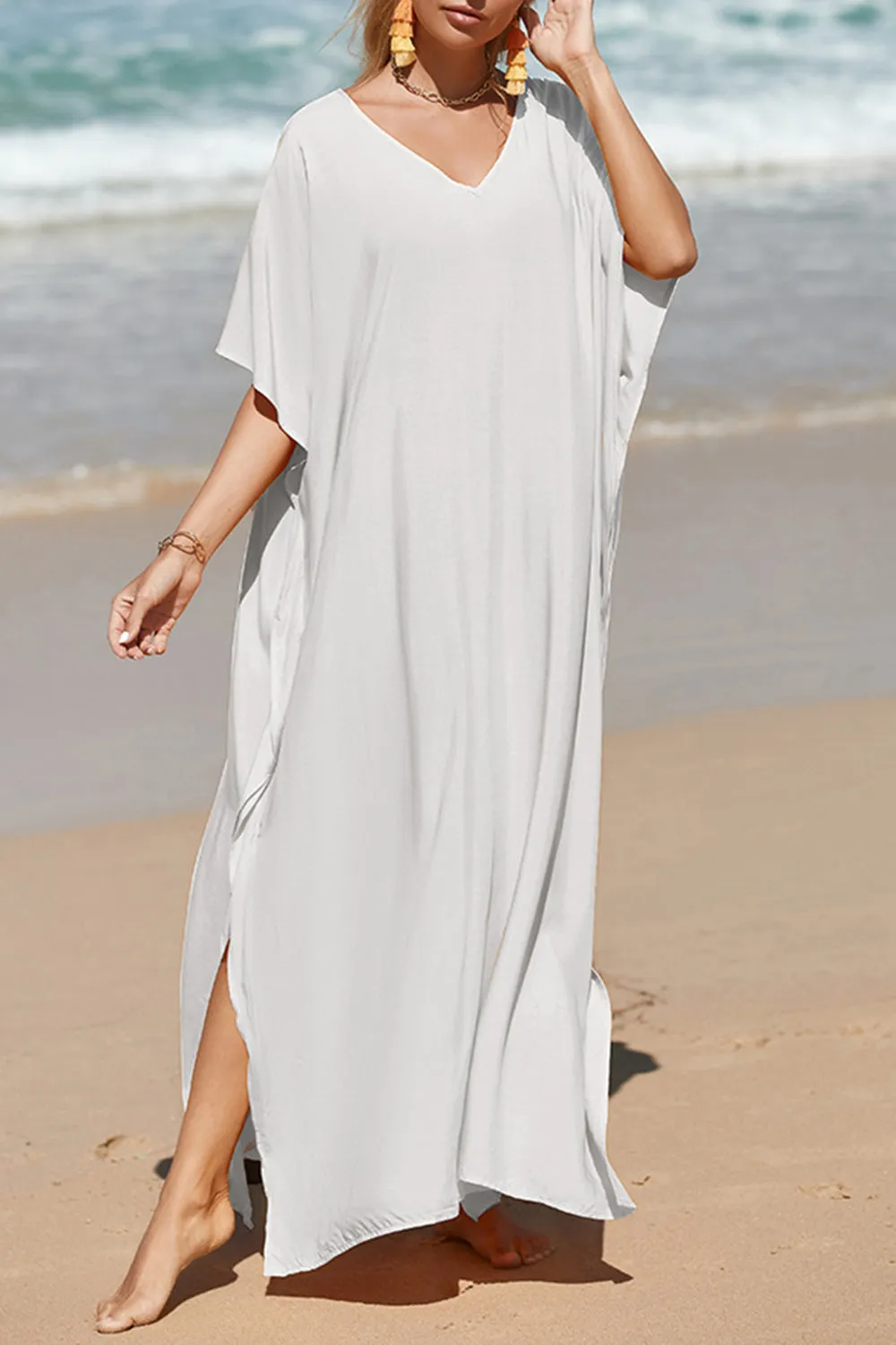 Slit V-Neck Half Sleeve Cover-Up Beach Maxi Dress