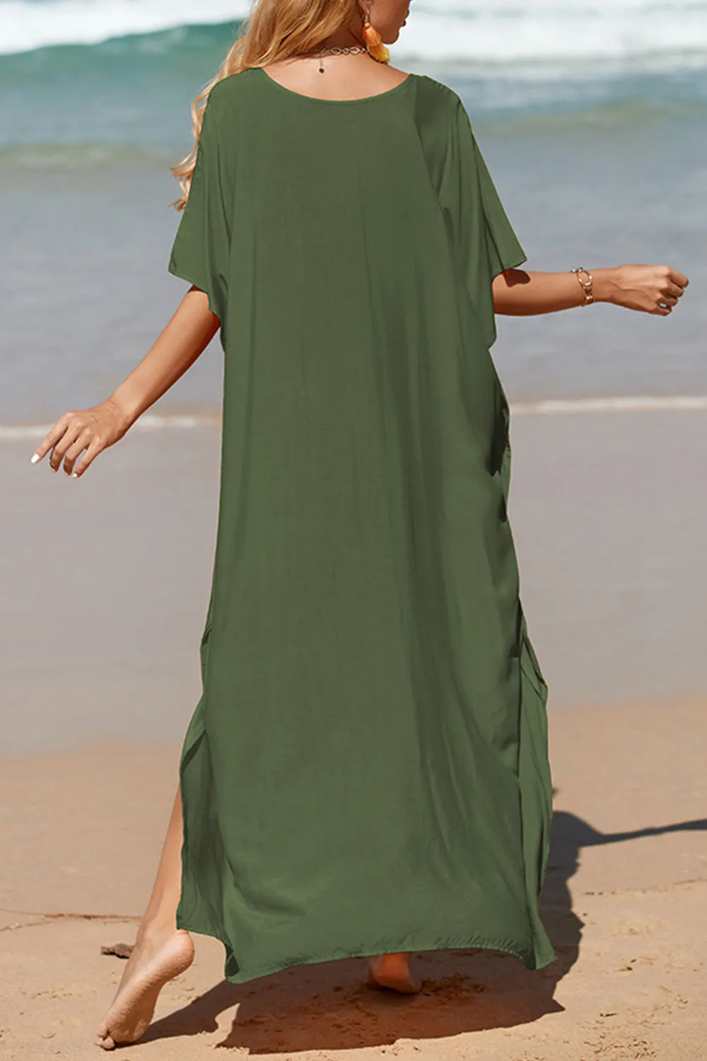 Slit V-Neck Half Sleeve Cover-Up Beach Maxi Dress