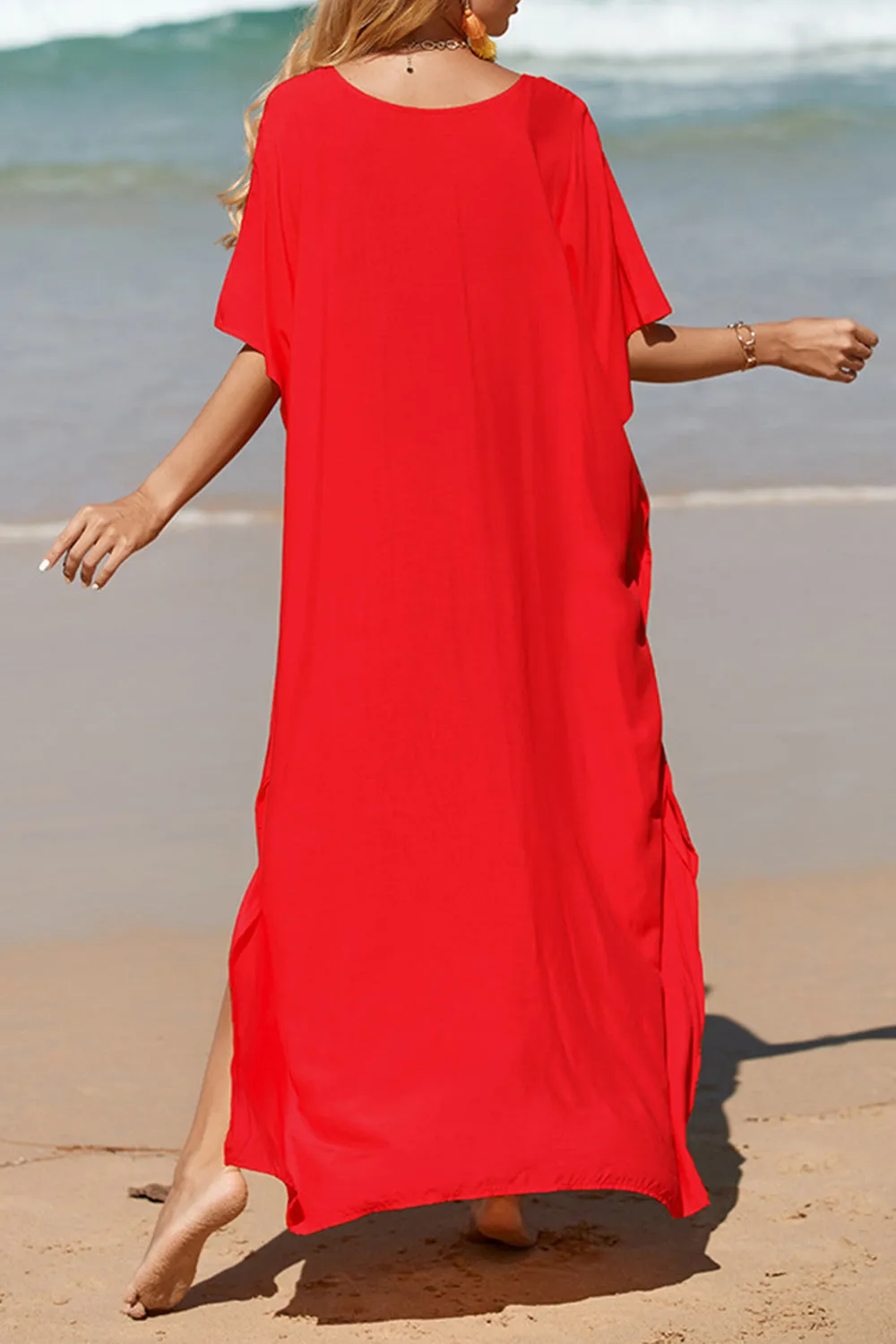 Slit V-Neck Half Sleeve Cover-Up Beach Maxi Dress