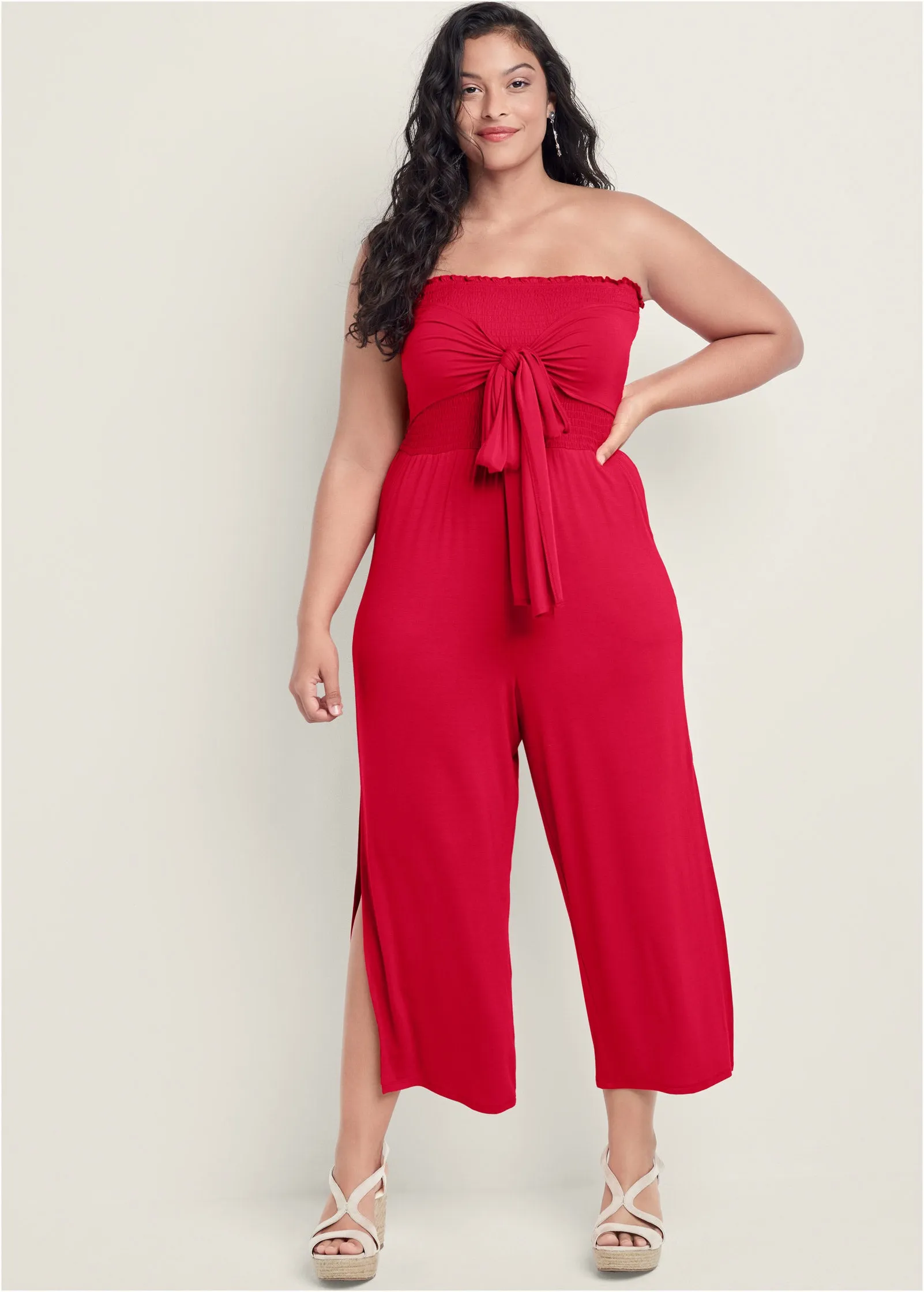 Smocked Tie-Front Jumpsuit - Red