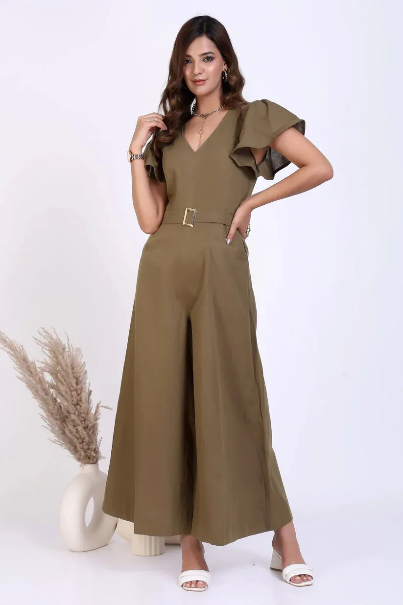 Solid green with flounce Sleeve Jumpsuit With Belt