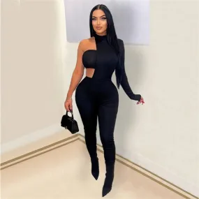 Solid Women Jumpsuits with Tube Top Sexy Cut Out Turtleneck One Shoulder Long Sleeve Skinny Overalls Spring Summer Rompers