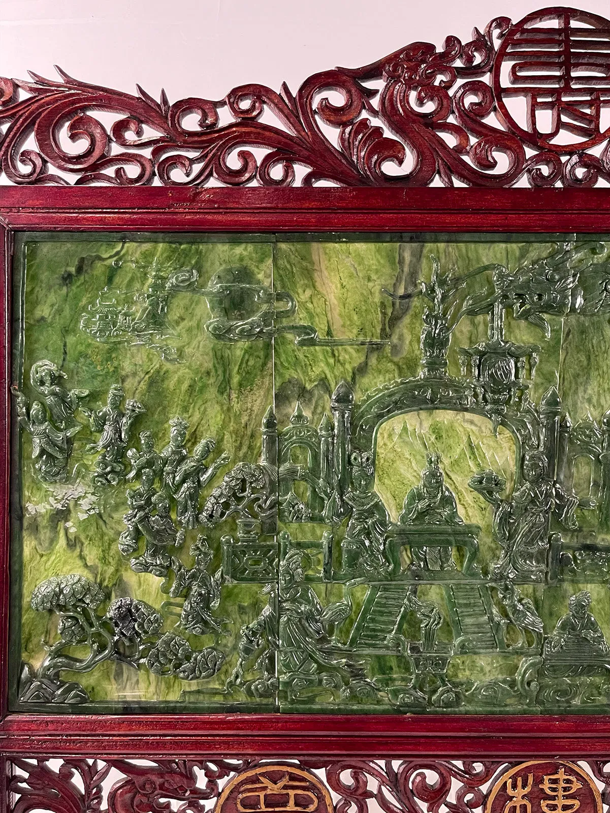 Spinach Jade Carved Four Panel Screen