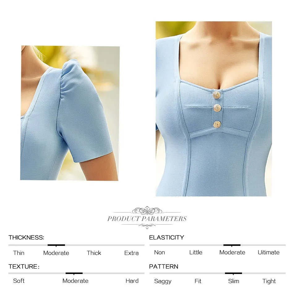 Summer Sky Blue Short Sleeve Mini Wrap Bandage V Neck Buttons Evening Club Party Lady Dresses