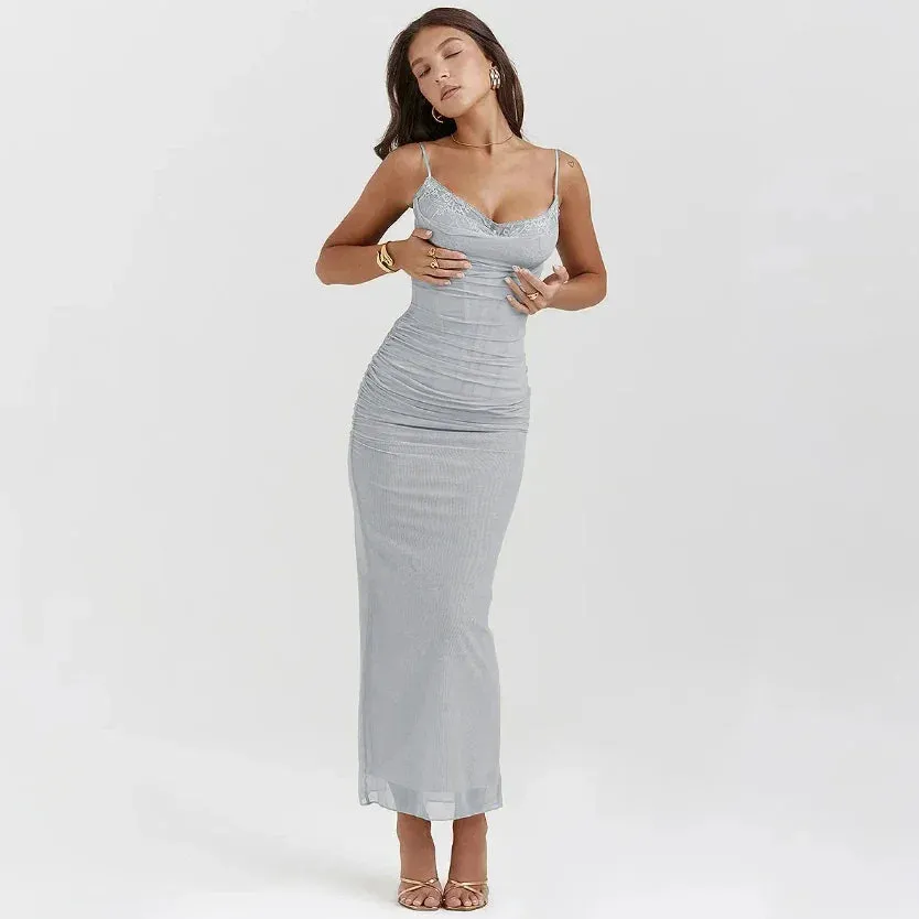 Suninheart Summer Mesh Maxi Dresses for Women 2023 Rose Spaghetti Strap Bodycon Dress Elegant Formal Occasion Dress Female