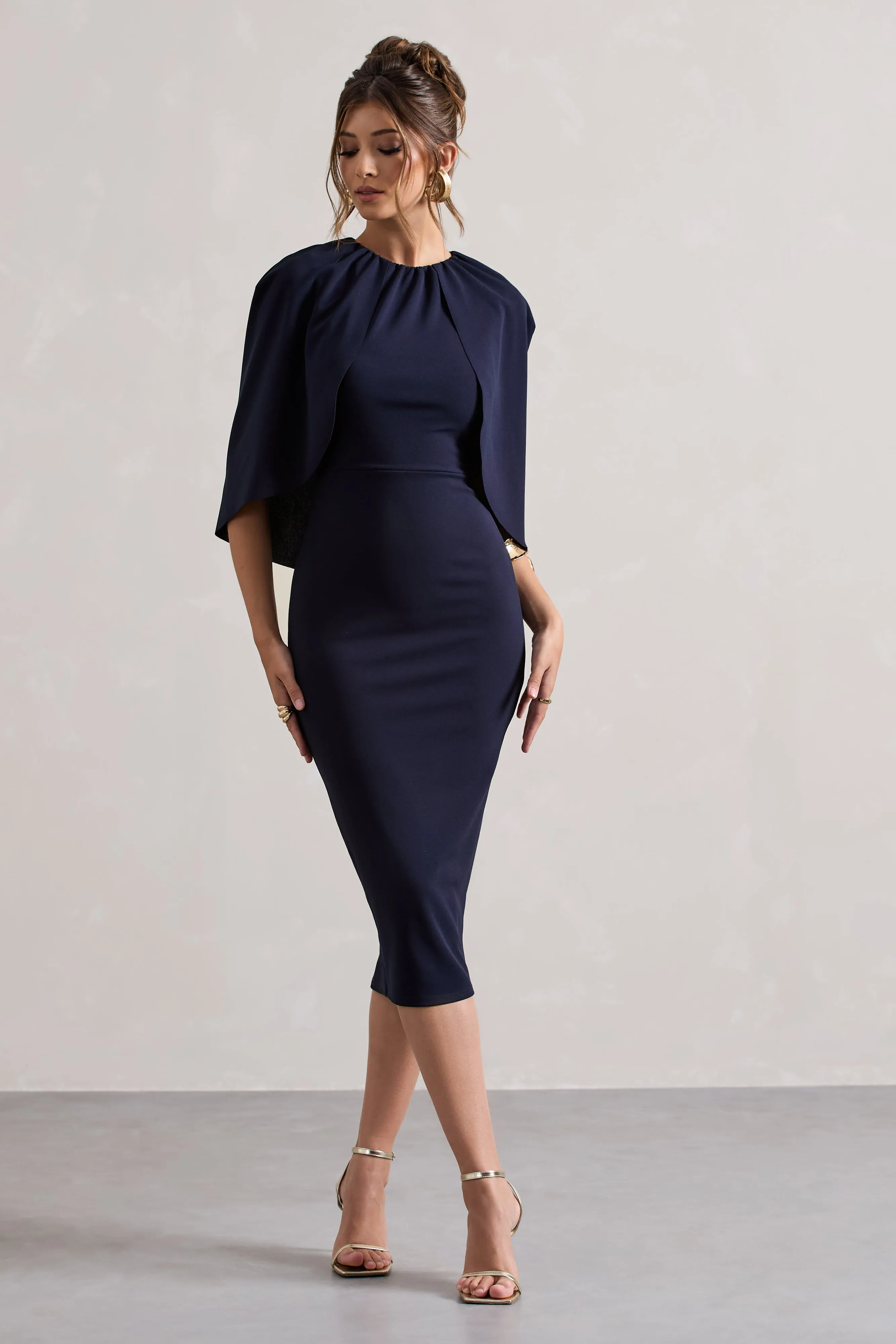 Sweeney | Navy Draped Short-Sleeve Midi Dress