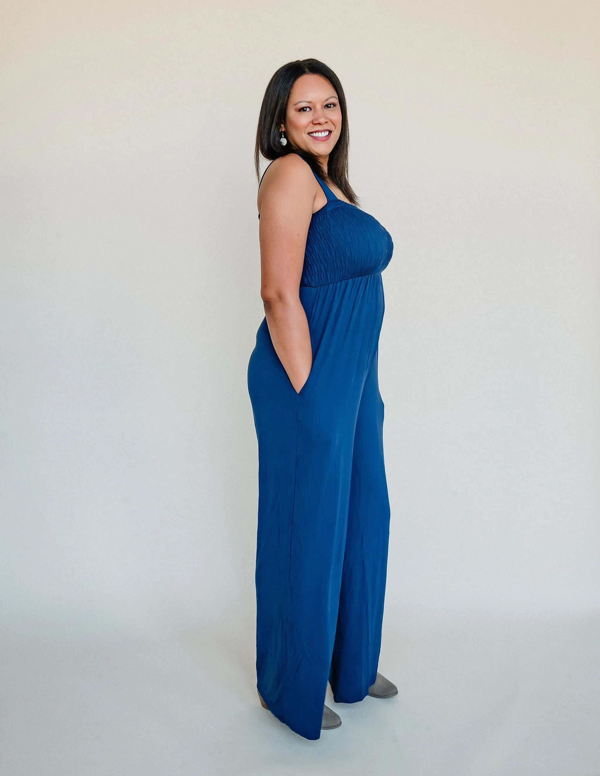 Tall Mallory Smocked Jumpsuit-Navy