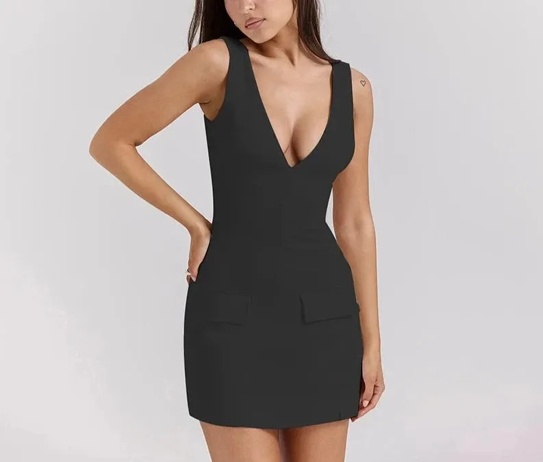 TAVIMART  -  Deep V Neck Sexy Bodycon Dress For Women Summer Hip Wrap Splice Sleeveless Backless Mini Dress Party Club Outfits Female