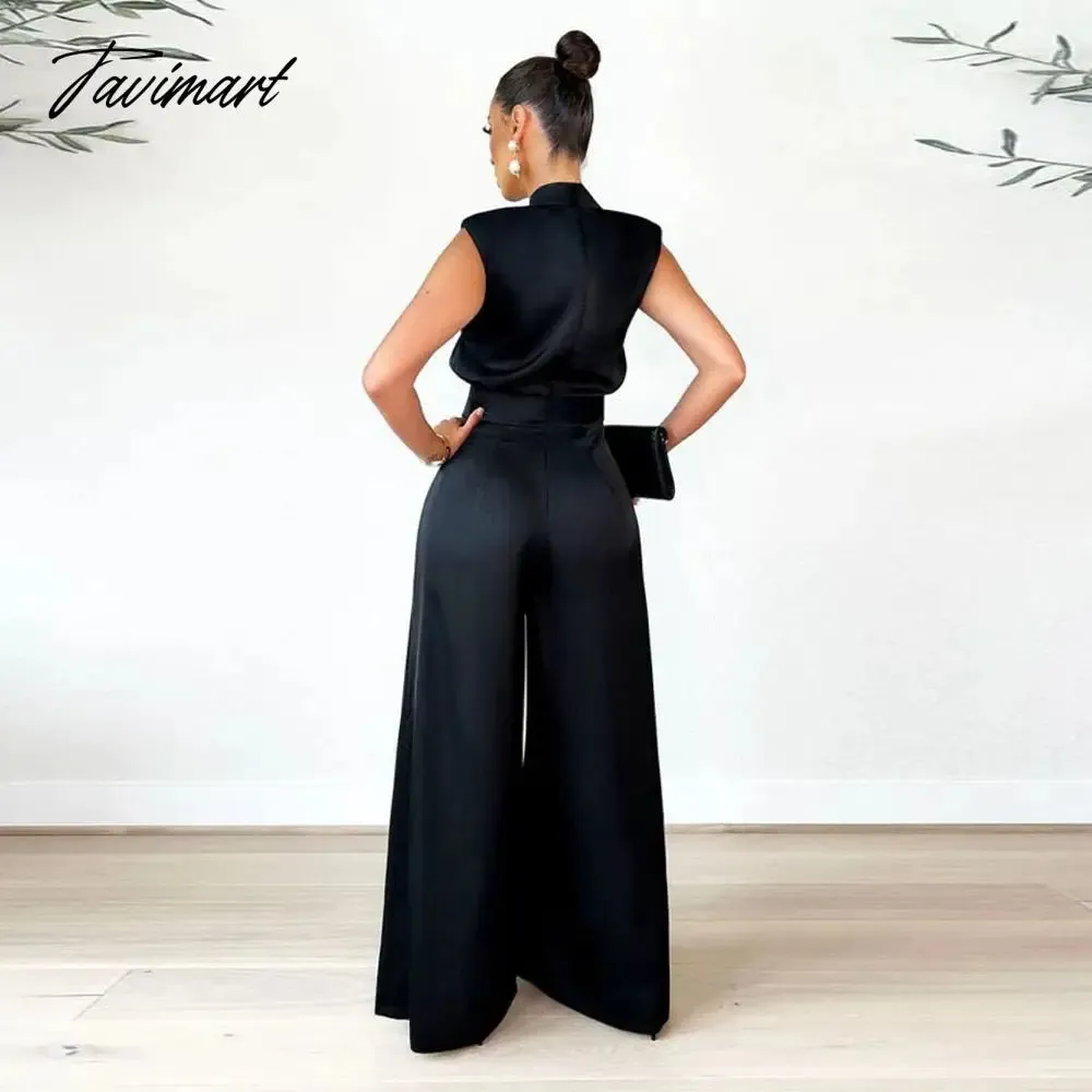 Tavimart Echoine Sleeveless Turtleneck  Wide Leg Jumpsuit Slim Sexy Elegant Silk Rompers Office OL Women One Piece Suit Overalls Clothing