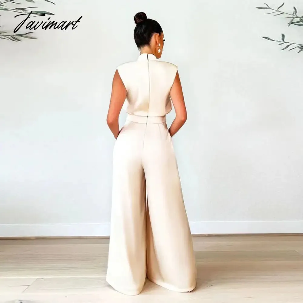 Tavimart Echoine Sleeveless Turtleneck  Wide Leg Jumpsuit Slim Sexy Elegant Silk Rompers Office OL Women One Piece Suit Overalls Clothing