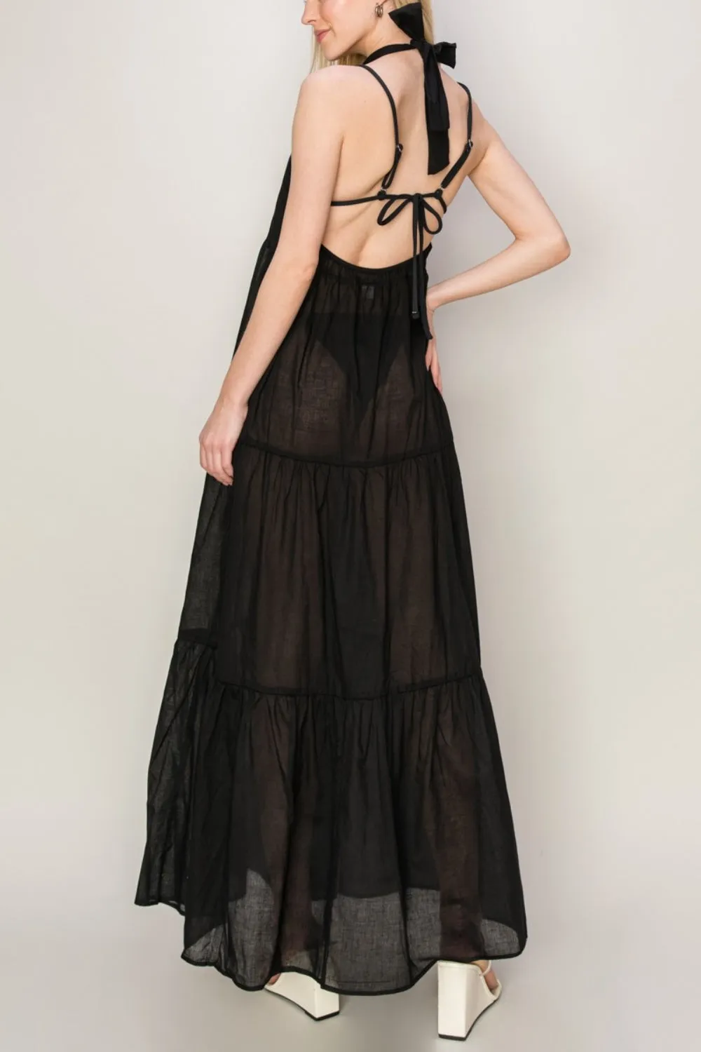 TEEK - Black Semi-Sheer Halter Neck Cover Up Dress