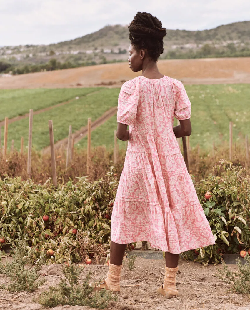 The Great - The Pleated Ravine Dress in Bright Rouge Wild Brush Floral