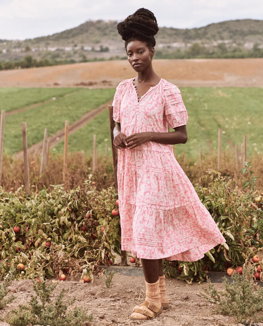 The Great - The Pleated Ravine Dress in Bright Rouge Wild Brush Floral