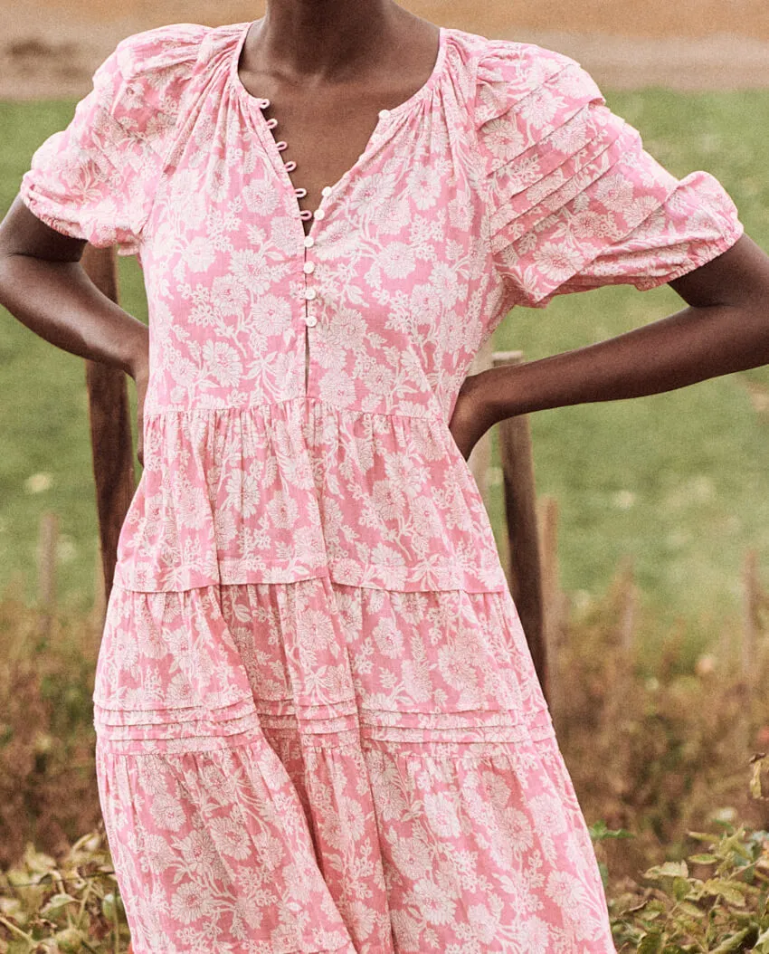 The Great - The Pleated Ravine Dress in Bright Rouge Wild Brush Floral